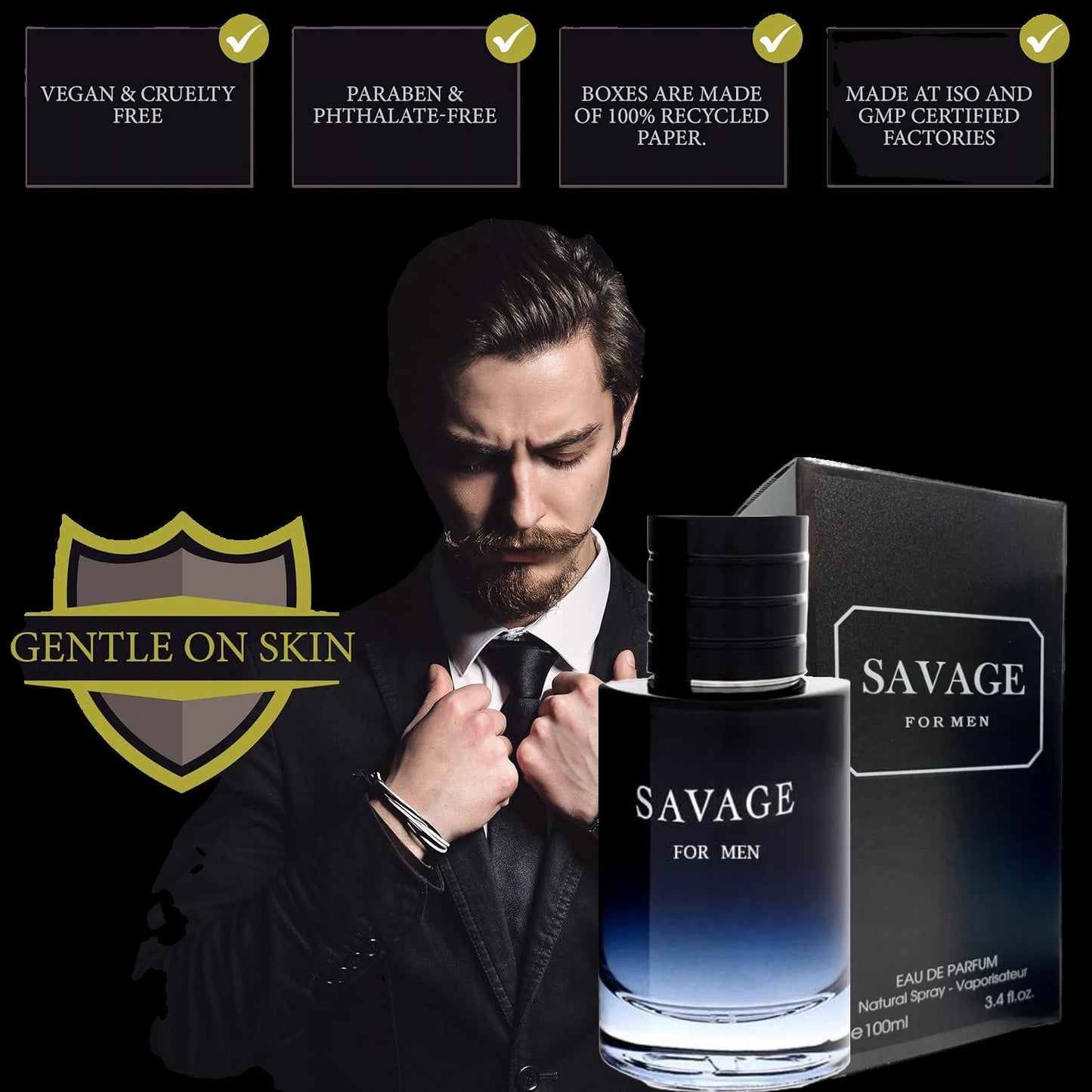 SAVAGE FOR MEN Cologne Eau de Parfum Men's Fragrance 3.4oz/100ml, Natural Spray, Long Lasting (SAVAGE FOR MEN - (3 PCS))