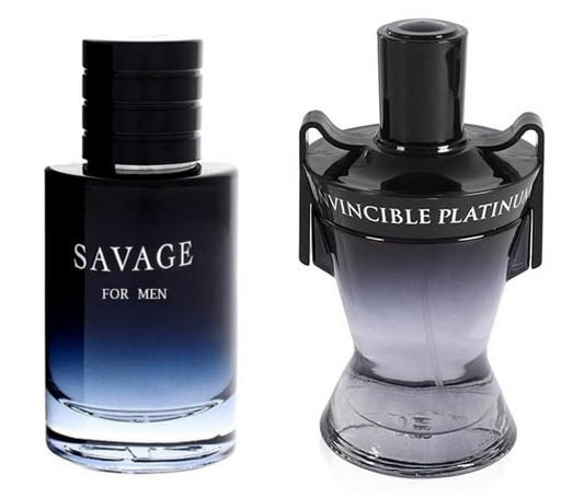 SAVAGE FOR MEN and (INVINCIBLE PLANTINUM Cologne for Men Combo Pack Eau de Perfum Fragrance 3.4oz/100ml, Natural Spray, Long Lasting (Pack of 2))